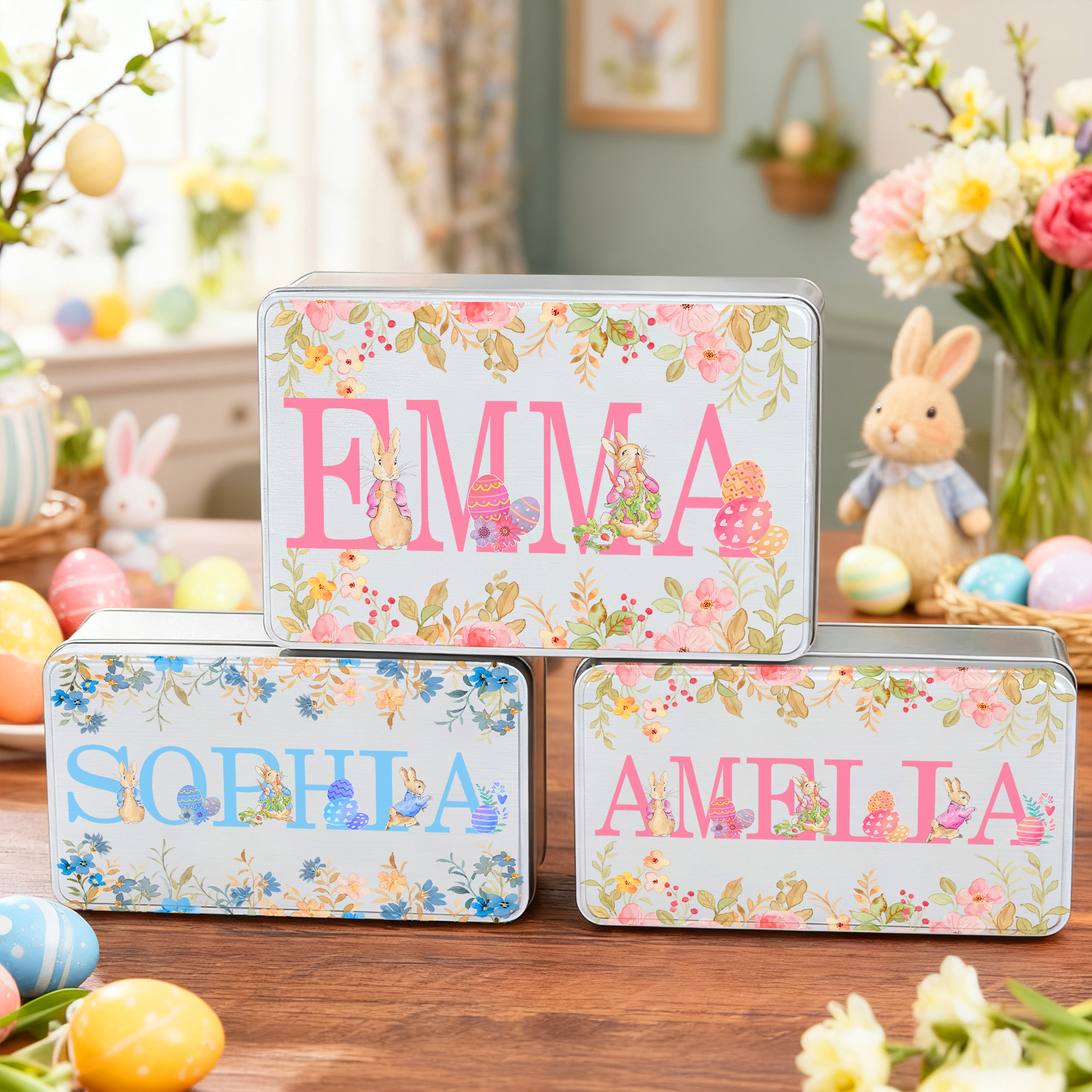 Boîte à biscuits en métal avec nom Cadeau de Pâques pour la famille et les enfants