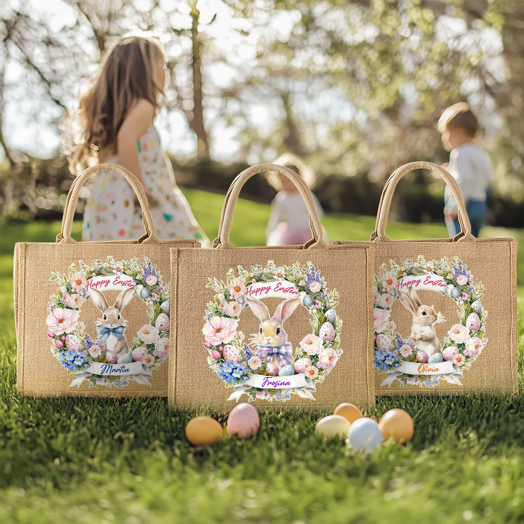 Sac en toile de jute personnalisé avec nom et couronne de lapin de Pâques Cadeau de Pâques pour garçons filles