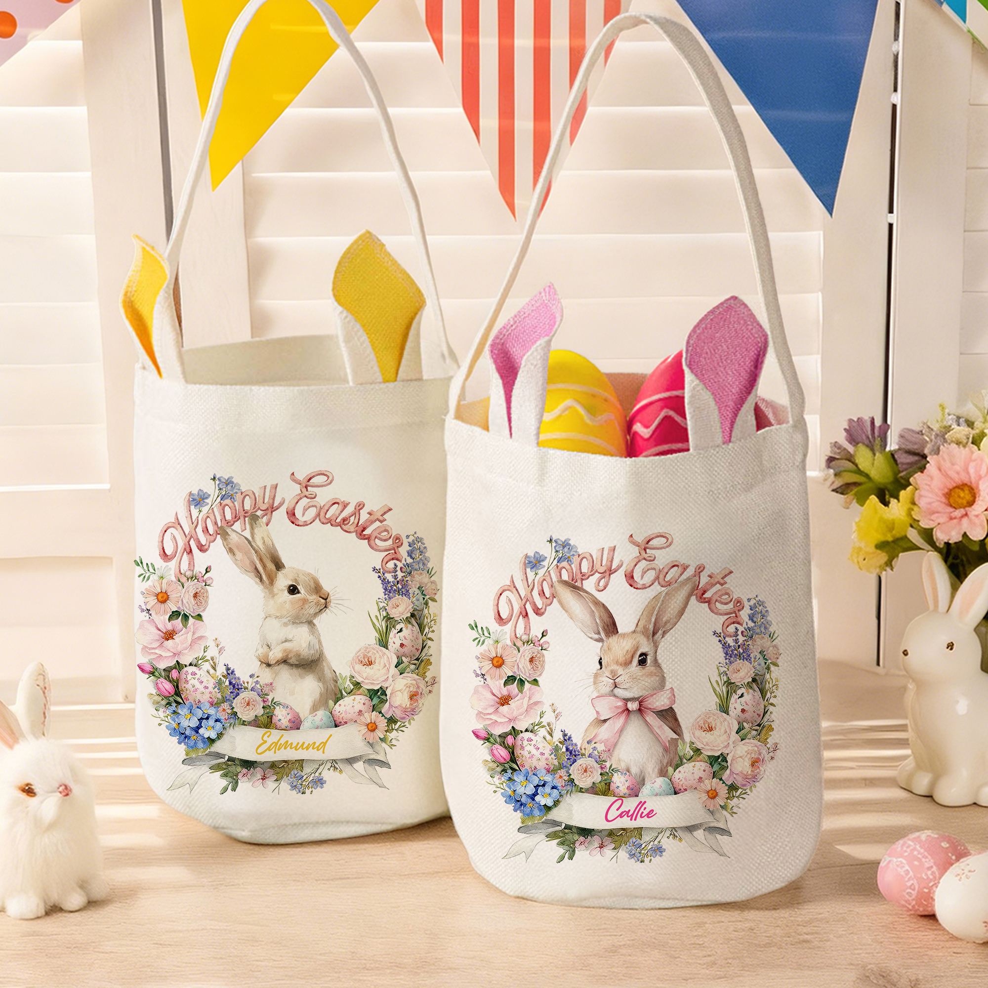 Panier de Pâques personnalisé avec nom et oreilles de lapin Accessoire de chasse à l'œuf Cadeau de Pâques pour enfants