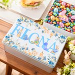 Personalized Watercolor Floral Peter Rabbit Food Grade Metal Biscuit Tin Storage Box with Name Easter Gift for Family Kids