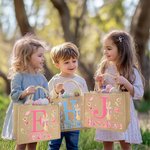 Personalized Watercolor Easter Bunny Initial Large Jute Tote Bag with Name Easter Gift for Kids