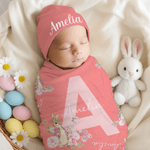 Personalised Cute Peter Rabbit 100% Cotton Swaddle Blanket and Hat Set with Name and Initial Birthday Easter Gift for Newborns Babies