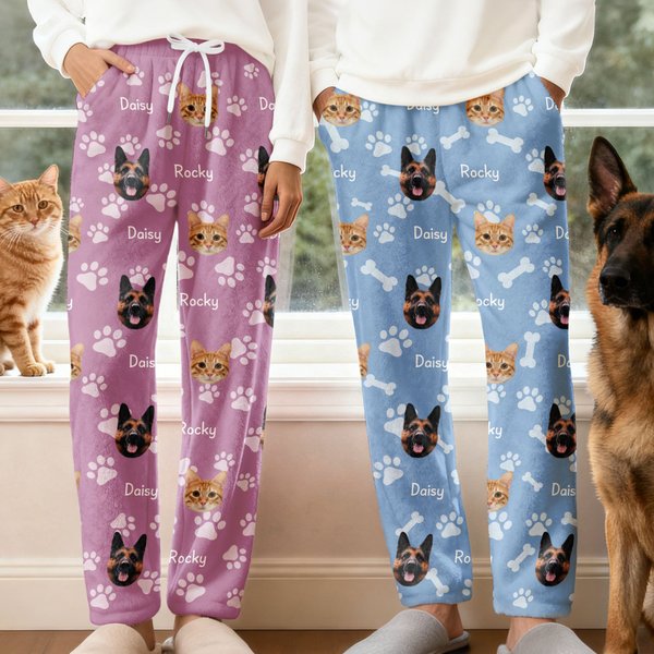 Stampa personalizzata di zampa Multicolore Donne Uomini Pantaloni del pigiama in flanella con 1-3 foto e nomi Regalo di compleanno per gli amanti degli animali domestici