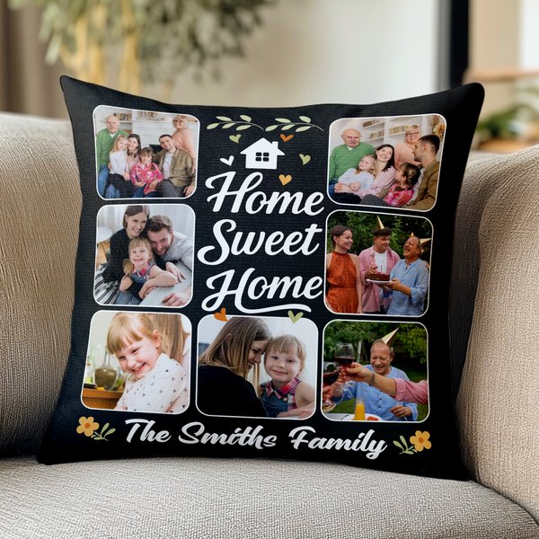 Personalized Home Sweet Home 7 Photos Soft Throw Pillow Cover with Text Home Decor Birthday Anniversary Gift for Family