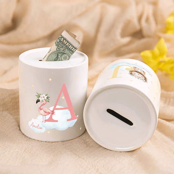 Personalised Wreath Animals Star Initial Ceramic Money Box Piggy Bank with Name Home Decor Birthday Gift for Kids