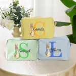 Personalized Cute Peter Rabbit Multicolor Stripes Makeup Bag with Name and Zipper Travel Easter Birthday Gift for Women Girls