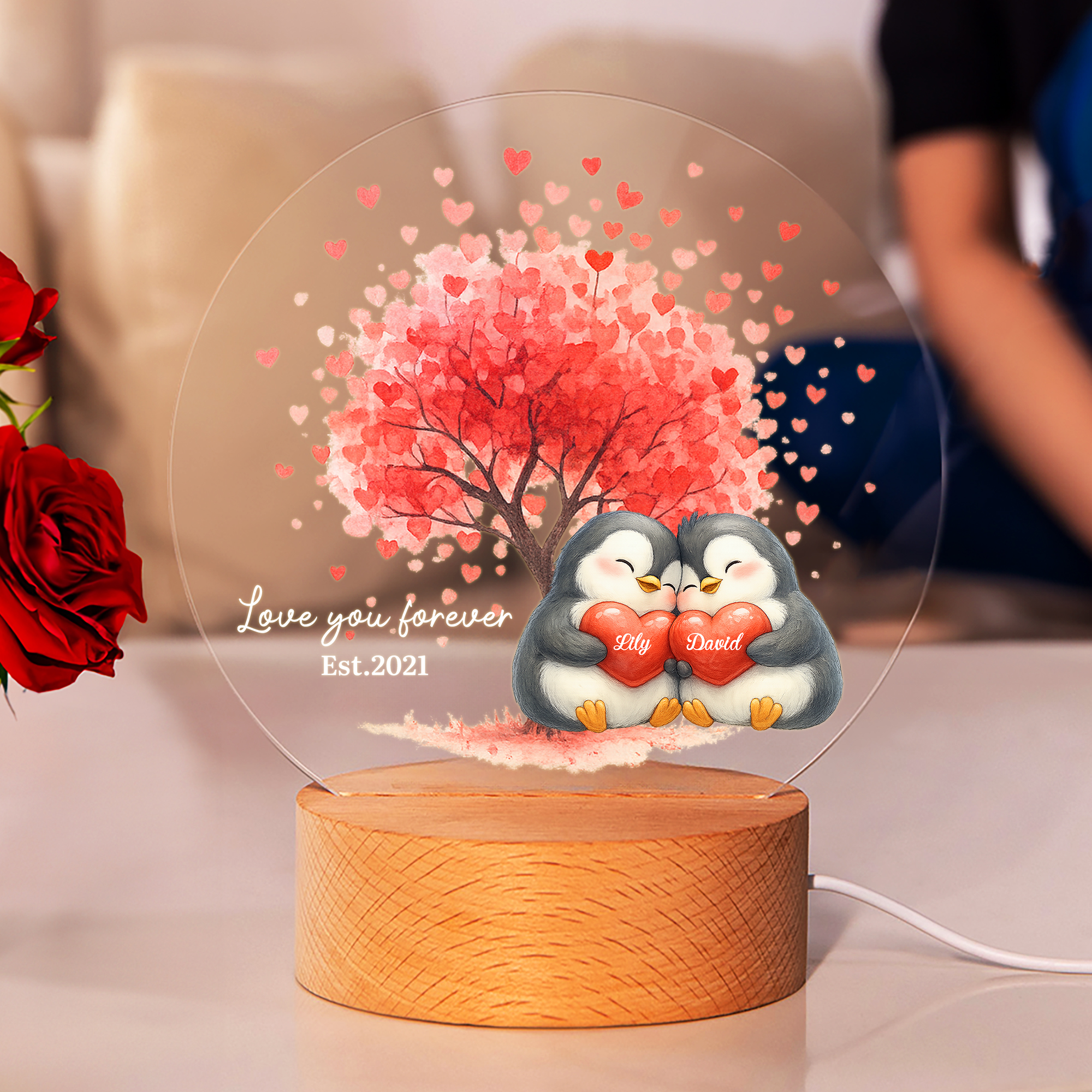Veilleuse LED Personnalisée Arbre d'Amour Pingouin Couple avec Nom Date et Base en Bois Décoration Maison Saint Valentin Cadeau d'Anniversaire pour les Couples