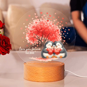Personalised Love Tree Penguin Couple LED Night Light with Name Date and Wooden Base Home Decor Valentine's Day Birthday Gift for Couples