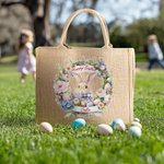 Conejito de Pascua con corona de flores personalizado Bolsa grande de yute con nombre Regalo de Pascua para niños Niñas