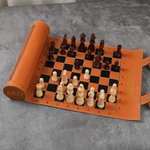 Personalized Portable Roll-Up PU Leather Magnetic Solid Wood Chess Set with Text Travel Game Night Birthday Gift for Chess Lover Player