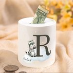 Personalised Wreath Animals Star Initial Ceramic Money Box Piggy Bank with Name Home Decor Birthday Gift for Kids