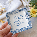 Personalized Toile De Jouy Heart Flower Ceramic Trinket Jewelry Dish with Name and Date Daily Use Birthday Gift for Girlfriend Wife