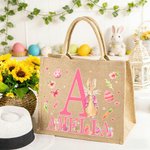 Personalized Watercolor Easter Bunny Initial Large Jute Tote Bag with Name Easter Gift for Kids