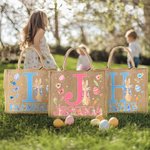 Personalized Watercolor Easter Bunny Initial Large Jute Tote Bag with Name Easter Gift for Kids