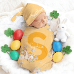 Personalised Cute Peter Rabbit 100% Cotton Swaddle Blanket and Hat Set with Name and Initial Birthday Easter Gift for Newborns Babies