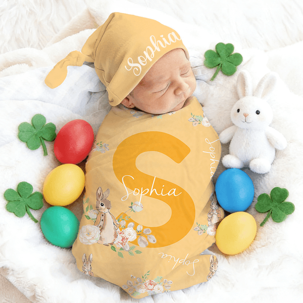 Personalised Cute Peter Rabbit 100% Cotton Swaddle Blanket and Hat Set with Name and Initial Birthday Easter Gift for Newborns Babies