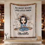 Personalised Cartoon Reading Character Soft Tassel Blanket with Name Home Decor Book Club Birthday Gift for Book Lovers