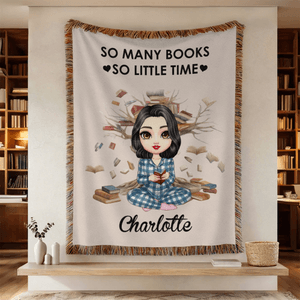 Personalised Cartoon Reading Character Soft Tassel Blanket with Name Home Decor Book Club Birthday Gift for Book Lovers