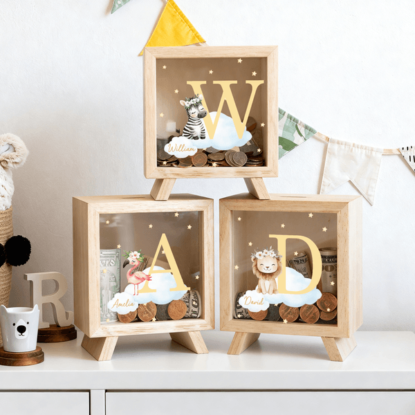 Personalized Stars Cloud Cute Animal Wooden Clear Money Box Piggy Bank with Name and Initial Birthday Children's Day Gift for Boys Girls