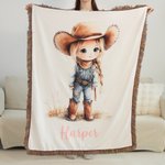 Personalized Cartoon Cowboy Cowgirl Tassel Soft Throw Blanket with Name Home Decor Birthday Gift for Kids Cowboy Lovers