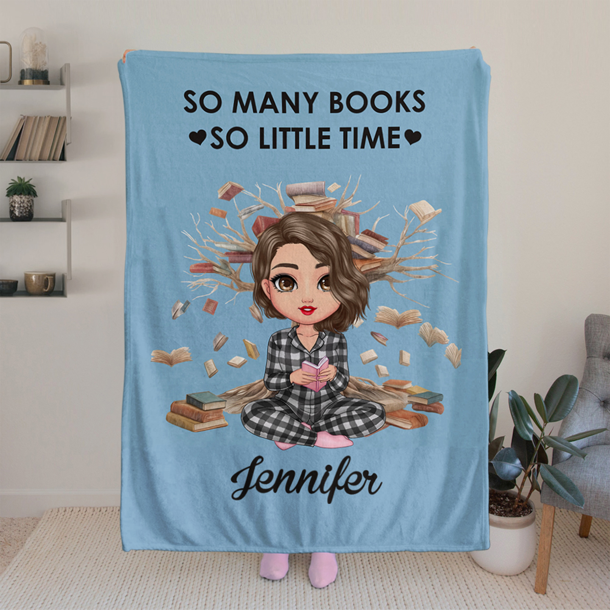 Personnalisé Cartoon Reading Character Soft Throw Blanket with Name Daily Birthday Gift for Kids Women Reading Lovers (Cadeau d'anniversaire quotidien pour les enfants, les femmes et les amoureux de l