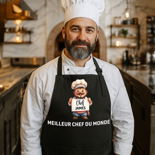 Tablier Ajustable Personnalisé avec Personnage de Dessin Animé et Nom Cadeau Pendaison de Crémaillère ou d’Ouverture de Restaurant pour Chefs