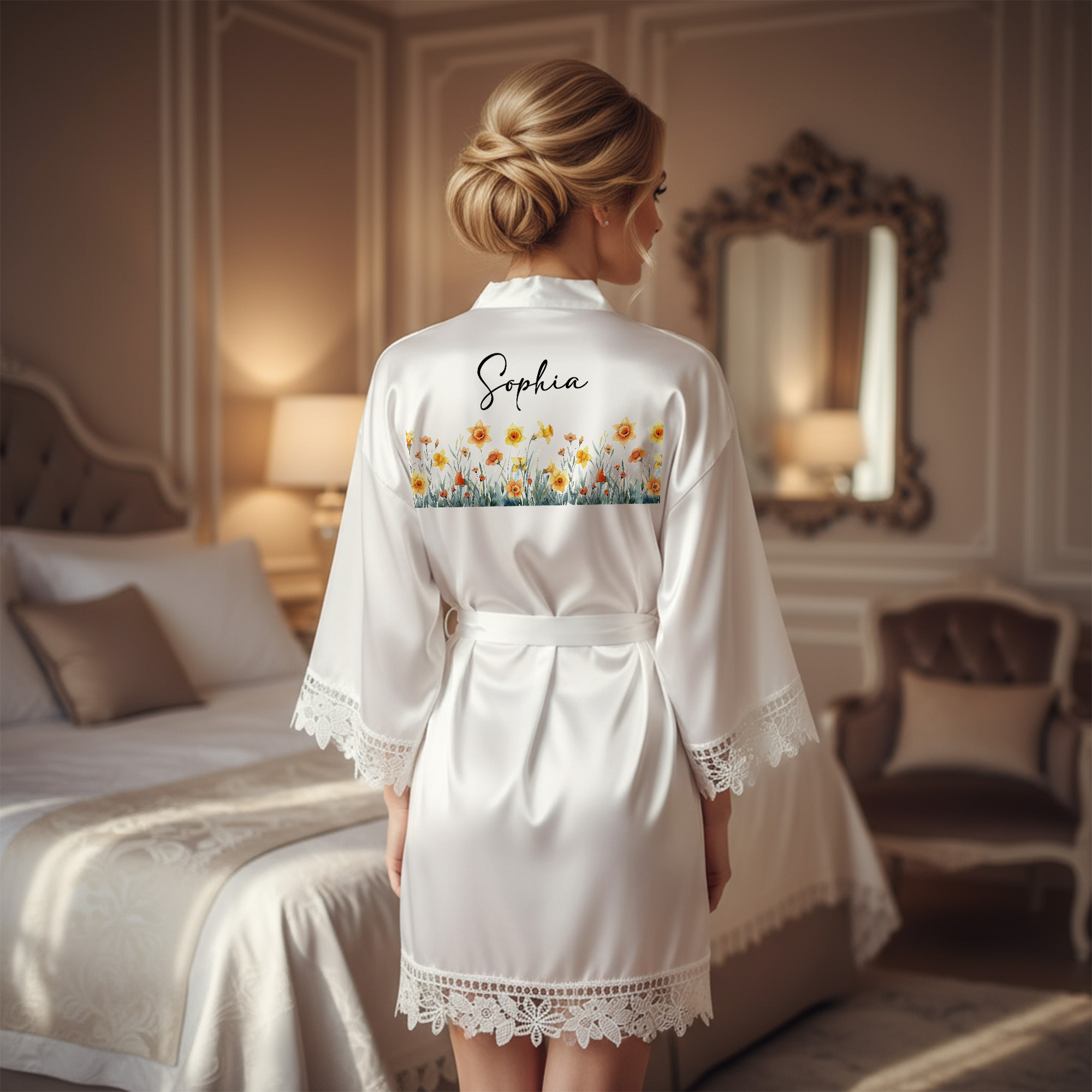 Peignoir en polyester personnalisé avec nom date et fleur de naissance - Style dentelle - Cadeau enterrement de vie de jeune fille mariage pour elle