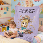 Gepersonaliseerde Cartoon Reading Character Zachte Deken met Naam Dagelijks Verjaardagscadeau voor kinderen vrouwen lezen liefhebbers