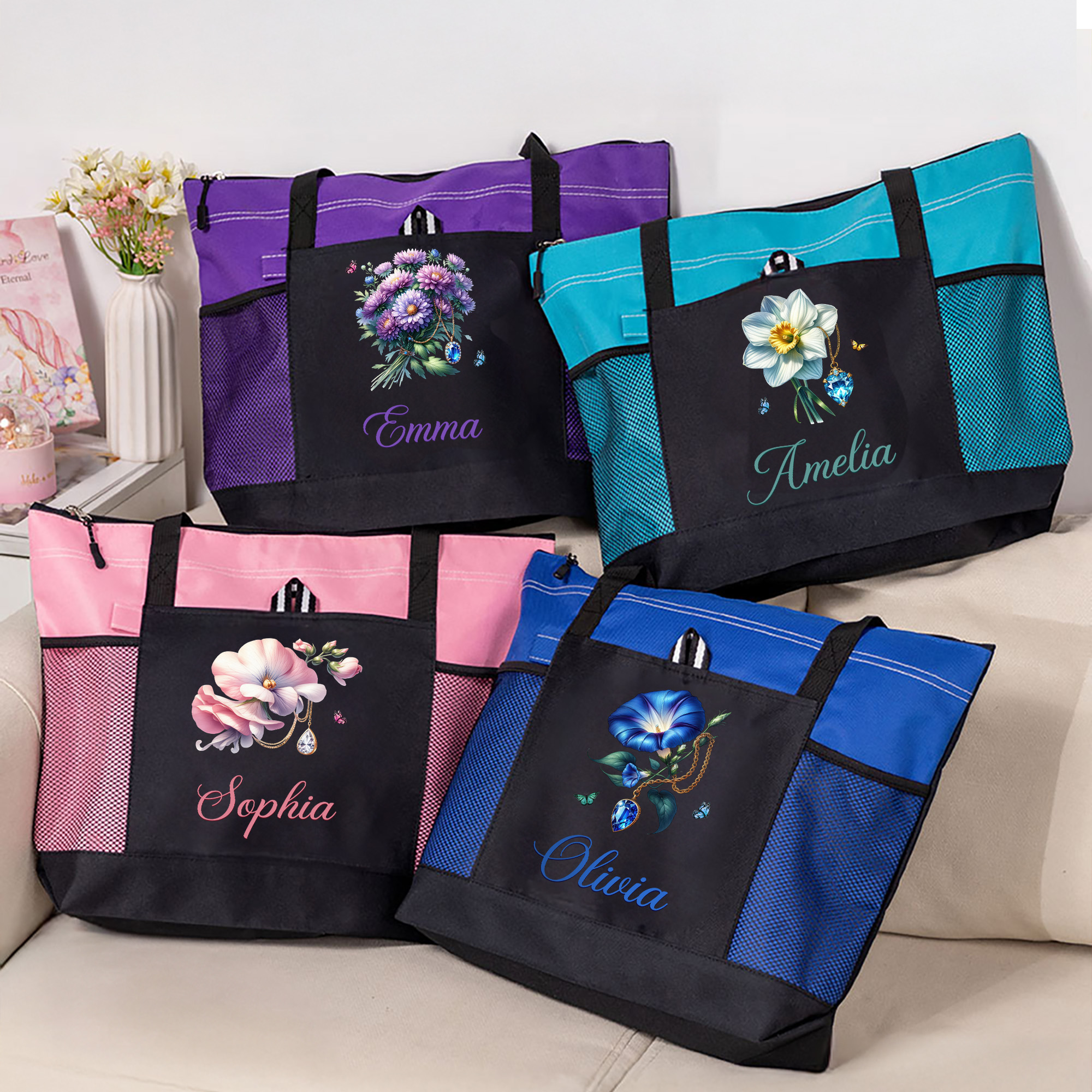 Sac à main personnalisé avec nom et poches en filet pour usage quotidien et voyage Cadeau d'anniversaire pour les femmes