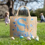 Personalized Watercolor Easter Bunny Initial Large Jute Tote Bag with Name Easter Gift for Kids