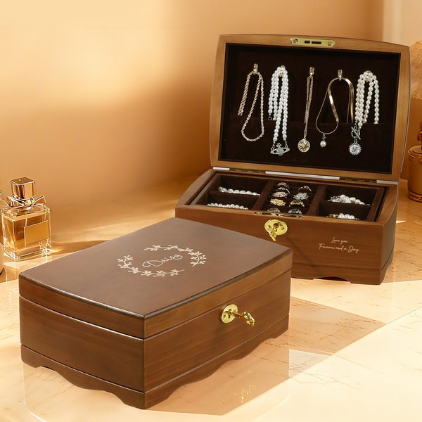 Personalised Retro Flower Wooden Jewellery Box with Name and Initial Birthday Wedding Gift for Women