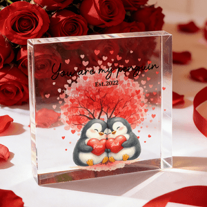 Personalized Love Heart Tree Penguins Acrylic Plaque Ornament with Name and Date Wedding Anniversary Valentine's Day Gift for Partner Couple