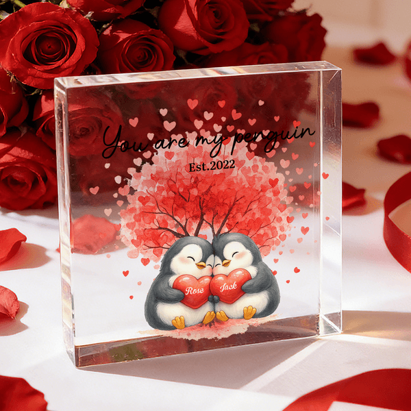 Personalized Love Heart Tree Penguins Acrylic Plaque Ornament with Name and Date Wedding Anniversary Valentine's Day Gift for Partner Couple