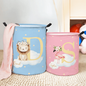 Personalized Wreath Animals Star Initial Waterproof Laundry Storage Basket with Name and Handle Birthday Housewarming Gift for Kids