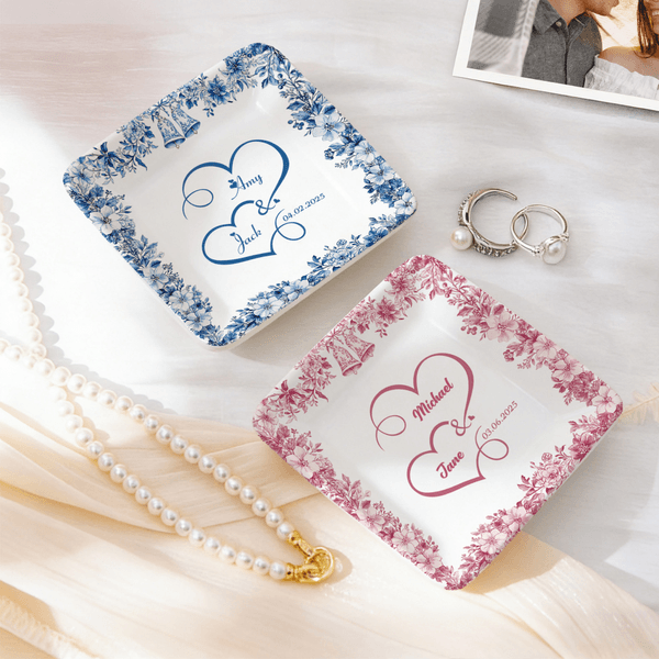 Personalized Toile De Jouy Heart Flower Ceramic Trinket Jewelry Dish with Name and Date Daily Use Birthday Gift for Girlfriend Wife