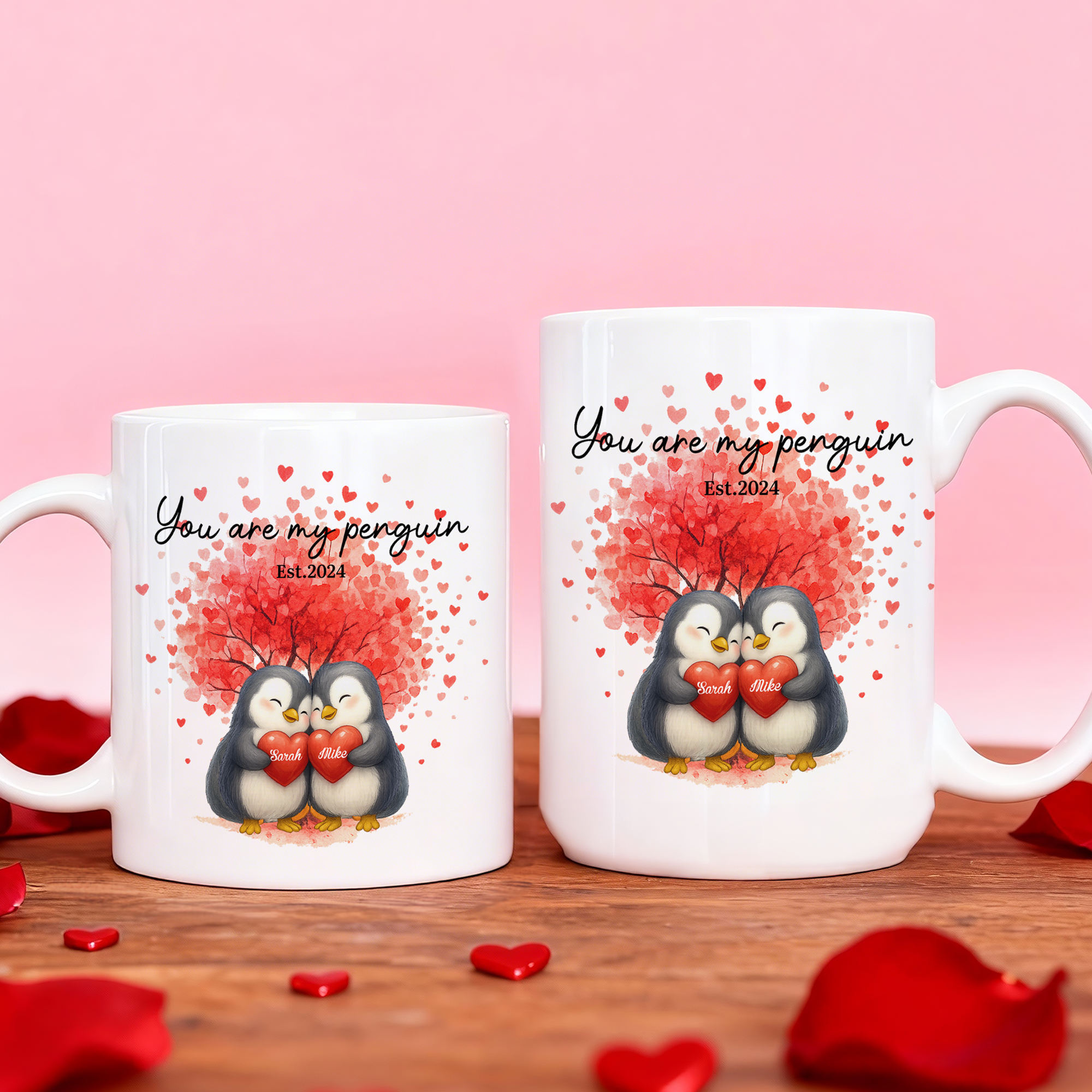 Tasse à café personnalisée en céramique avec nom pour l'arbre de l'amour et le pingouin, usage quotidien, cadeau de mariage pour la Saint-Valentin pour un couple