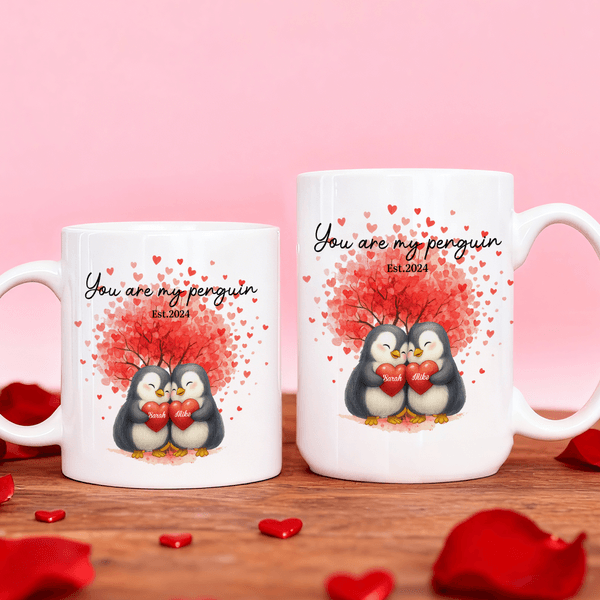 Personalized Love Tree Penguin Ceramic Coffee Mug with Name Daily Use Valentine's Day Wedding Gift for Couple