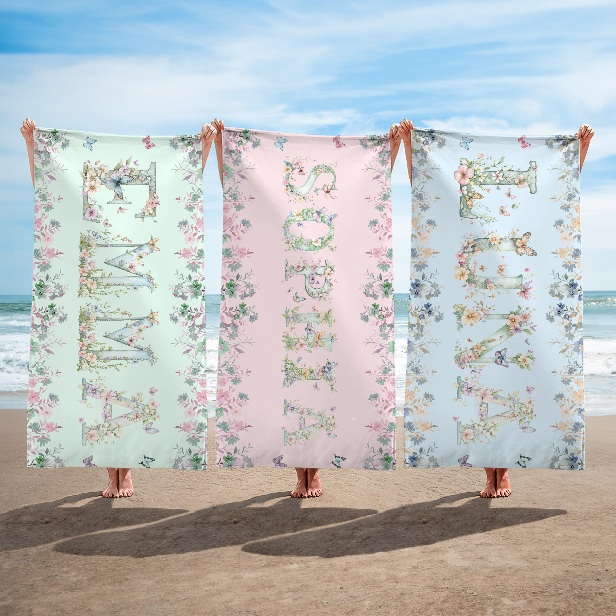 Serviette de plage personnalisée en microfibre avec nom, fleur, papillon, séchage rapide, fête de plage, cadeau de vacances pour les enfants et les femmes