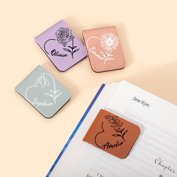 Personalised Birth Flower Magnetic PU Leather Bookmark Clip with Name Daily Use Birthday Gift for Book Lovers Bookworms