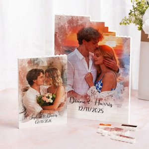 Puzzle di mattoncini da costruzione personalizzati in stile acquerello con foto di gruppo e nomi e data Regalo di San Valentino, compleanno e anniversario per la coppia