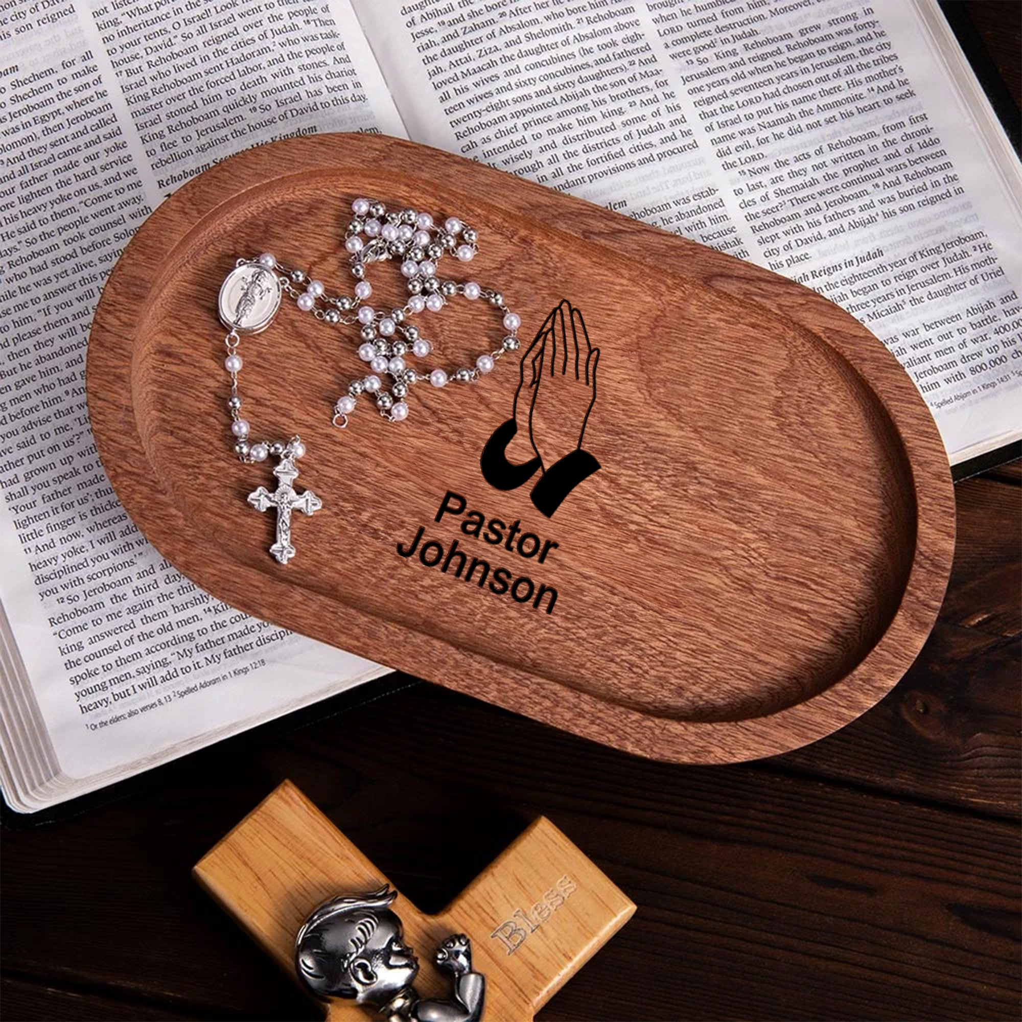 Chapelet en bois personnalisé avec nom Sacrement Première Communion Baptême Cadeau pour Chrétiens