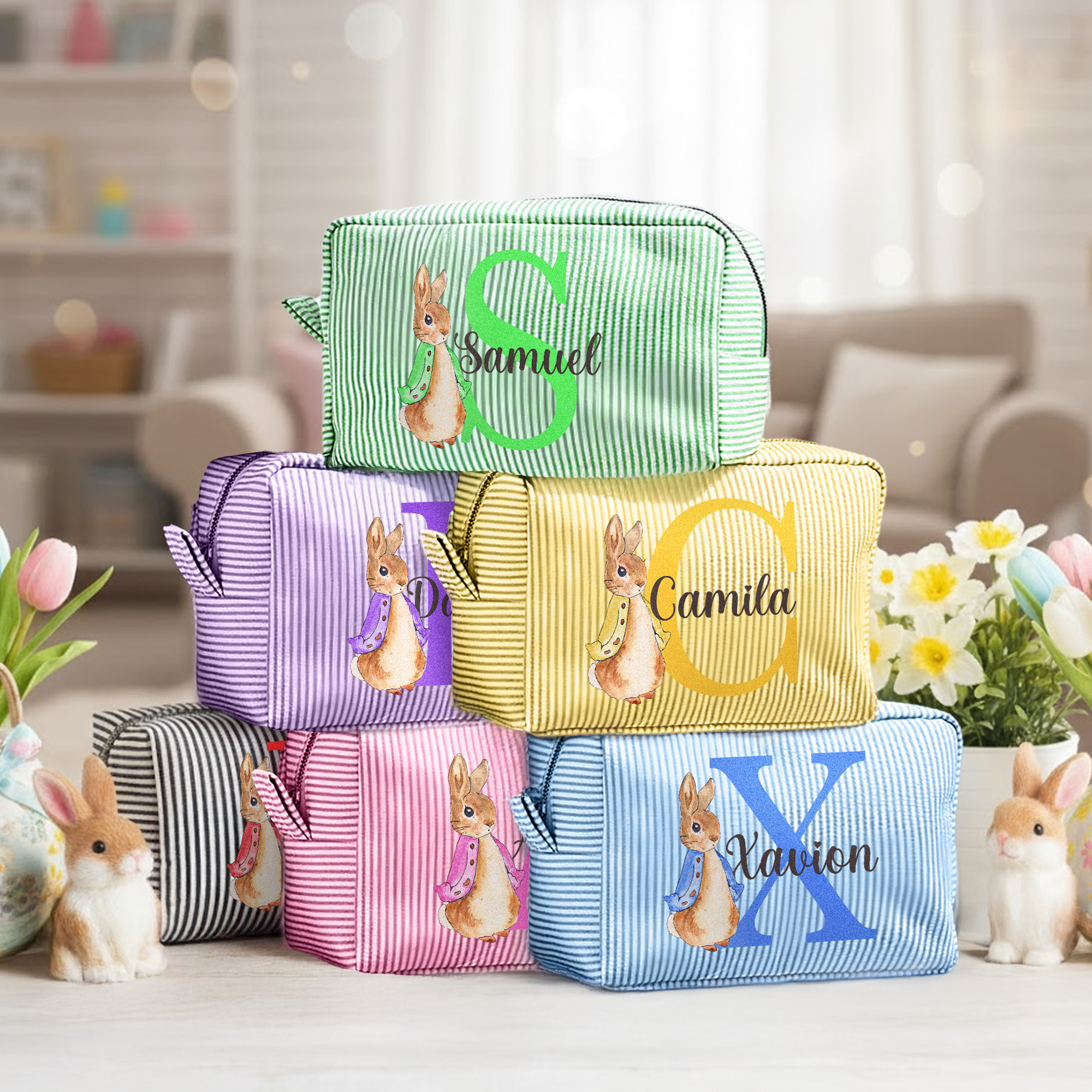 Sac de maquillage personnalisé à rayures avec nom et fermeture éclair pour voyage Cadeau d'anniversaire de Pâques pour les femmes et les filles