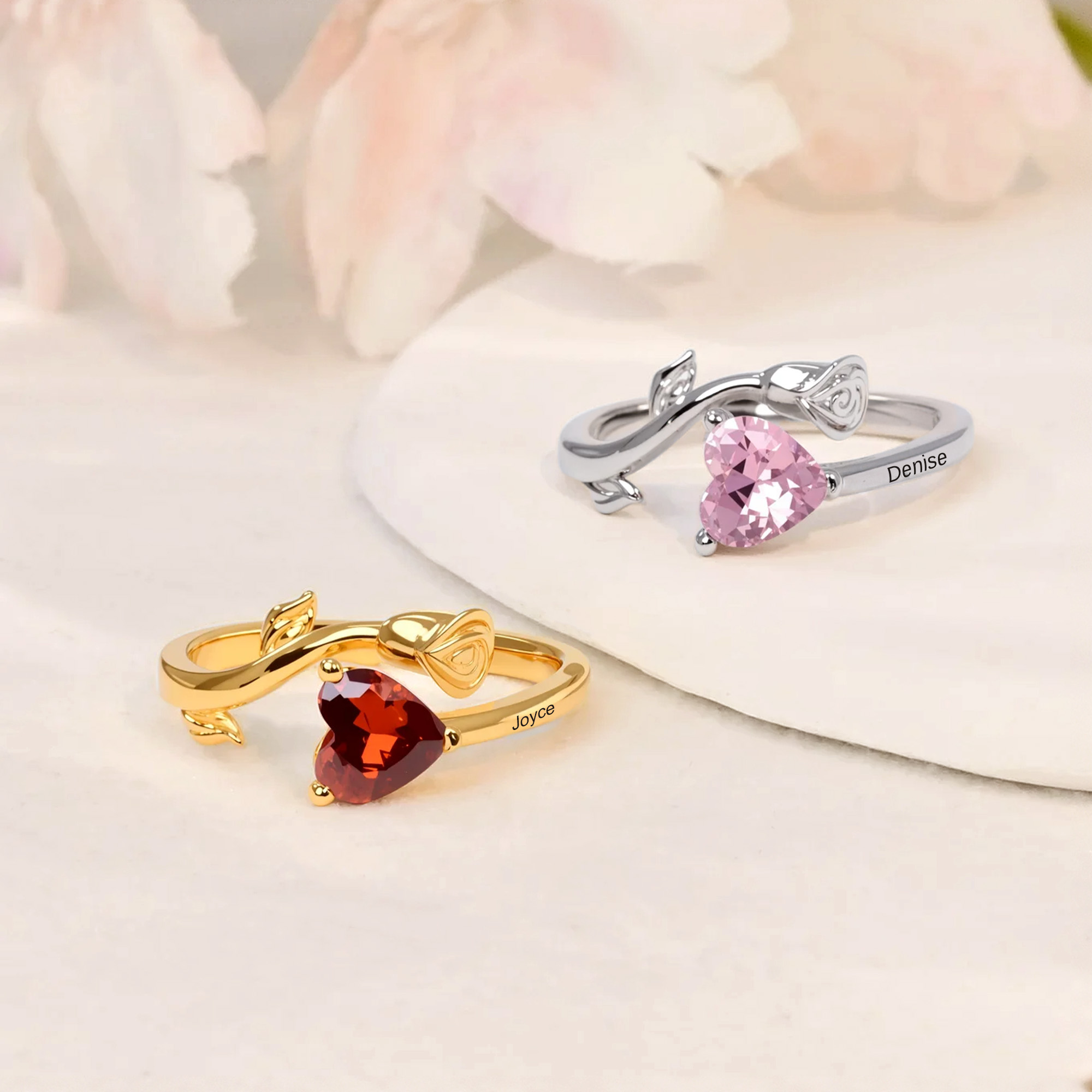 Bague personnalisée en argent sterling avec texte gravé, pierre de naissance, coeur de rose Cadeau d'anniversaire de fête des mères pour les femmes