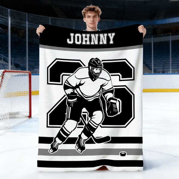 Gepersonaliseerd ijshockeyspeler silhouet zachte deken met naam en nummer Home Decor verjaardag spel cadeau voor ijshockeyspelers liefhebbers