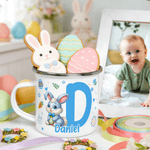 Personalised Cute Cartoon Rabbit Easter Egg 12 oz Coloured Rim Enamel Mug with Initial and Name Easter Gift for Boys Girls