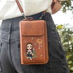 Portafoglio a tracolla in pelle PU personalizzata con personaggio fiore di nascita e nome porta telefono regalo per amici