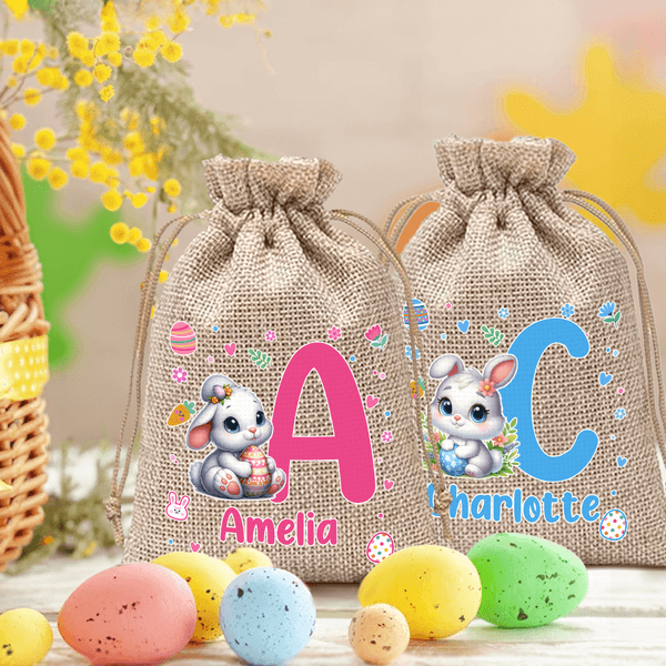 Personalized Cartoon Bunny Easter Egg Drawstring Candy Gift Bag with Initial and Name Easter Gift for Boys Girls