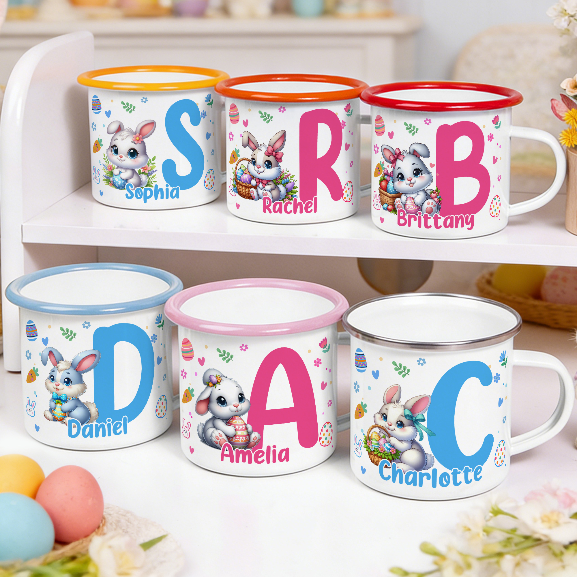 Tasse en émail coloré avec initiales et nom pour les garçons et les filles Cadeau de Pâques personnalisé pour les garçons et les filles