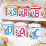 Personalised Cute Cartoon Rabbit Easter Egg 12 oz Coloured Rim Enamel Mug with Initial and Name Easter Gift for Boys Girls