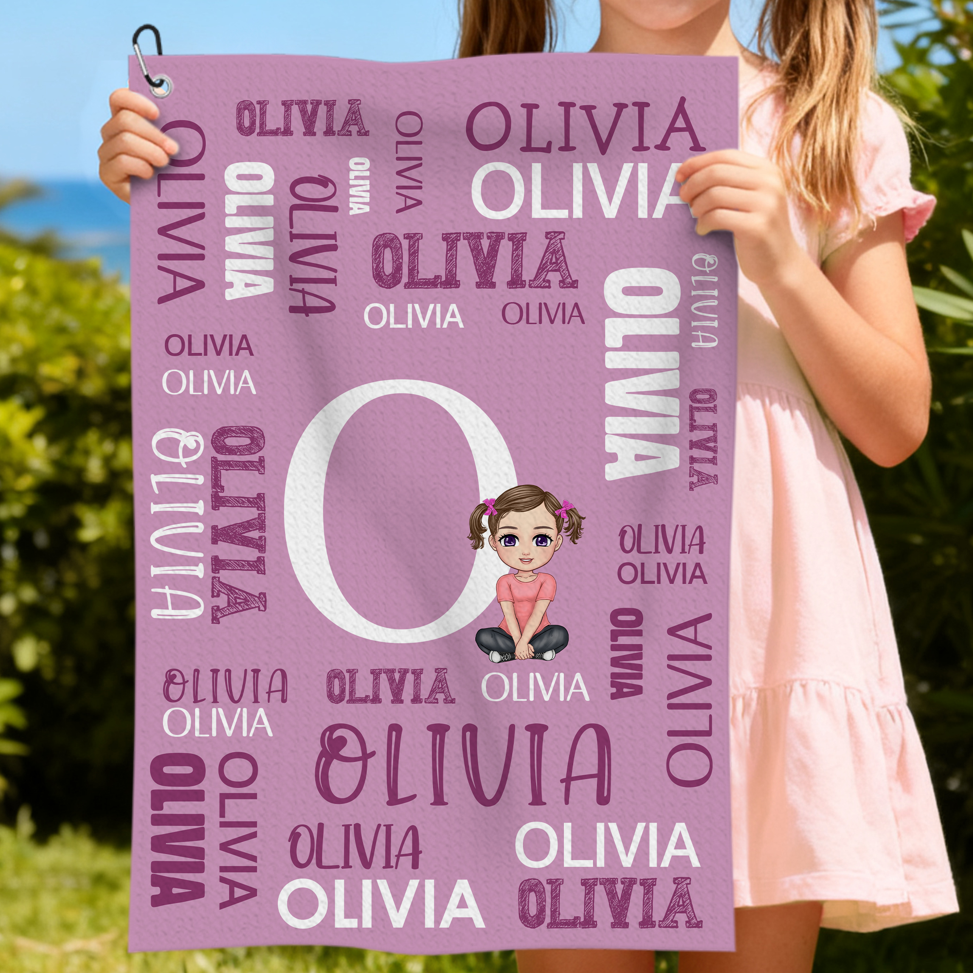 Nom personnalisé Nuage de mots Cartoon Family Character Absorbant Waffle Towel with Hanging Clip Birthday Sports Gift for Family Friends